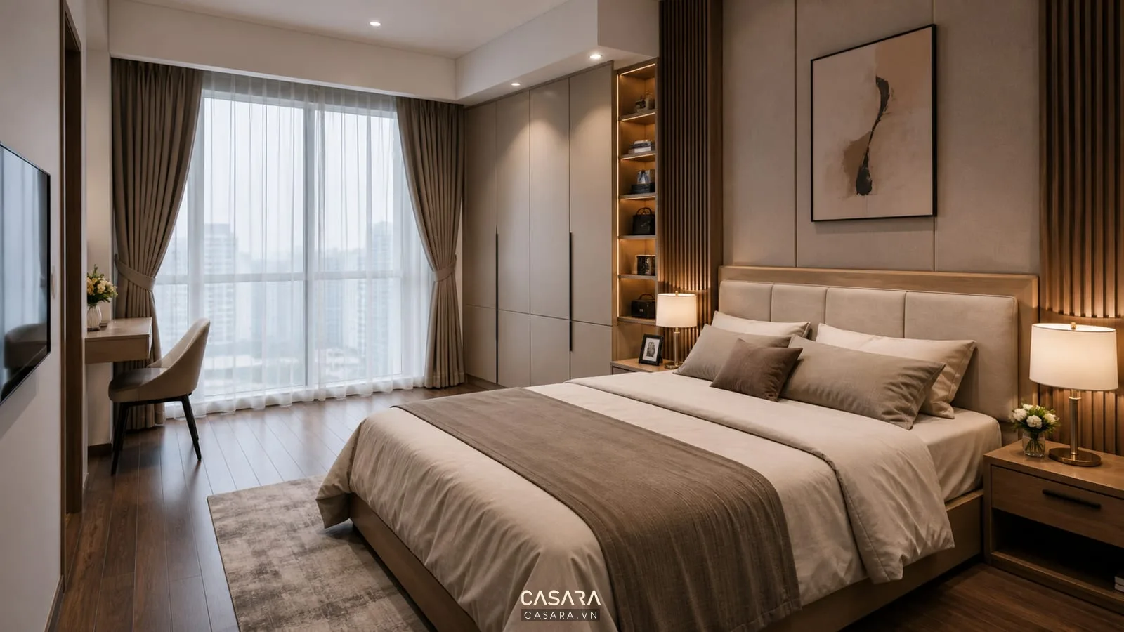 Phòng ngủ trong thiết kế chung cư cao tầng với giường tủ áo và rèm hai lớp