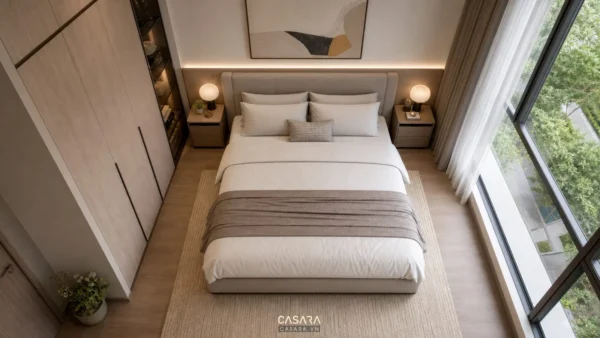 Mặt bằng thiết kế chung cư Celesta Rise với phòng ngủ có giường đôi và tủ quần áo kịch trần