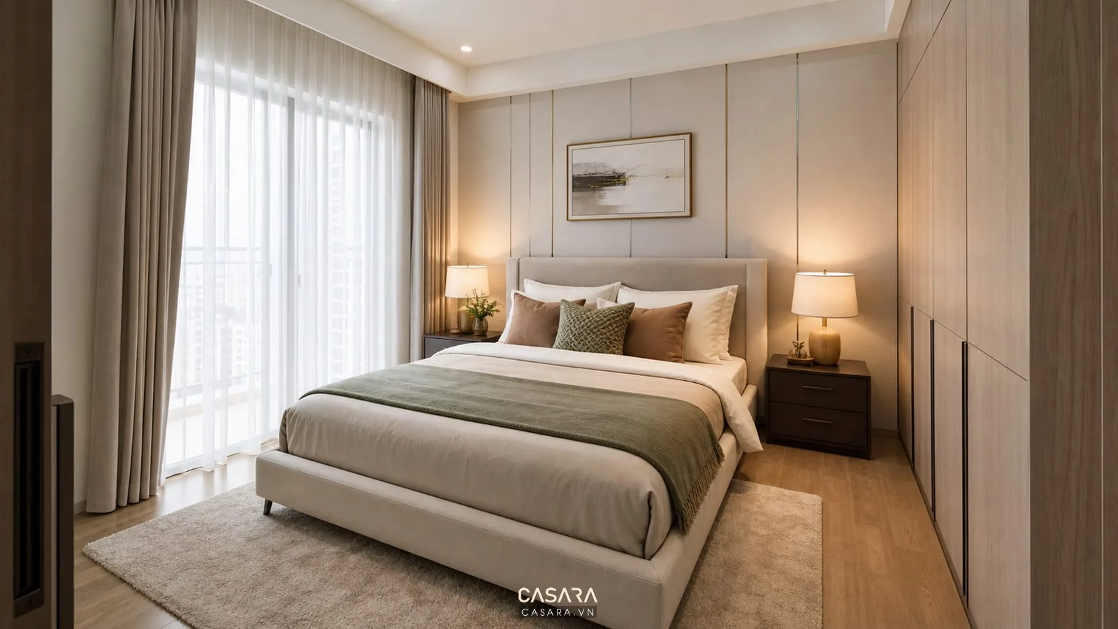 Phòng ngủ thiết kế chung cư Celesta Rise có giường đôi và lối đi thoáng hai bên