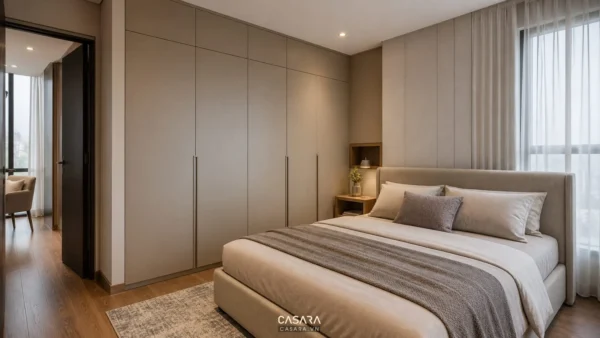 Phòng ngủ hiện đại với giường bọc nệm, rèm cửa sáng và hệ tủ quần áo kịch trần màu trung tính