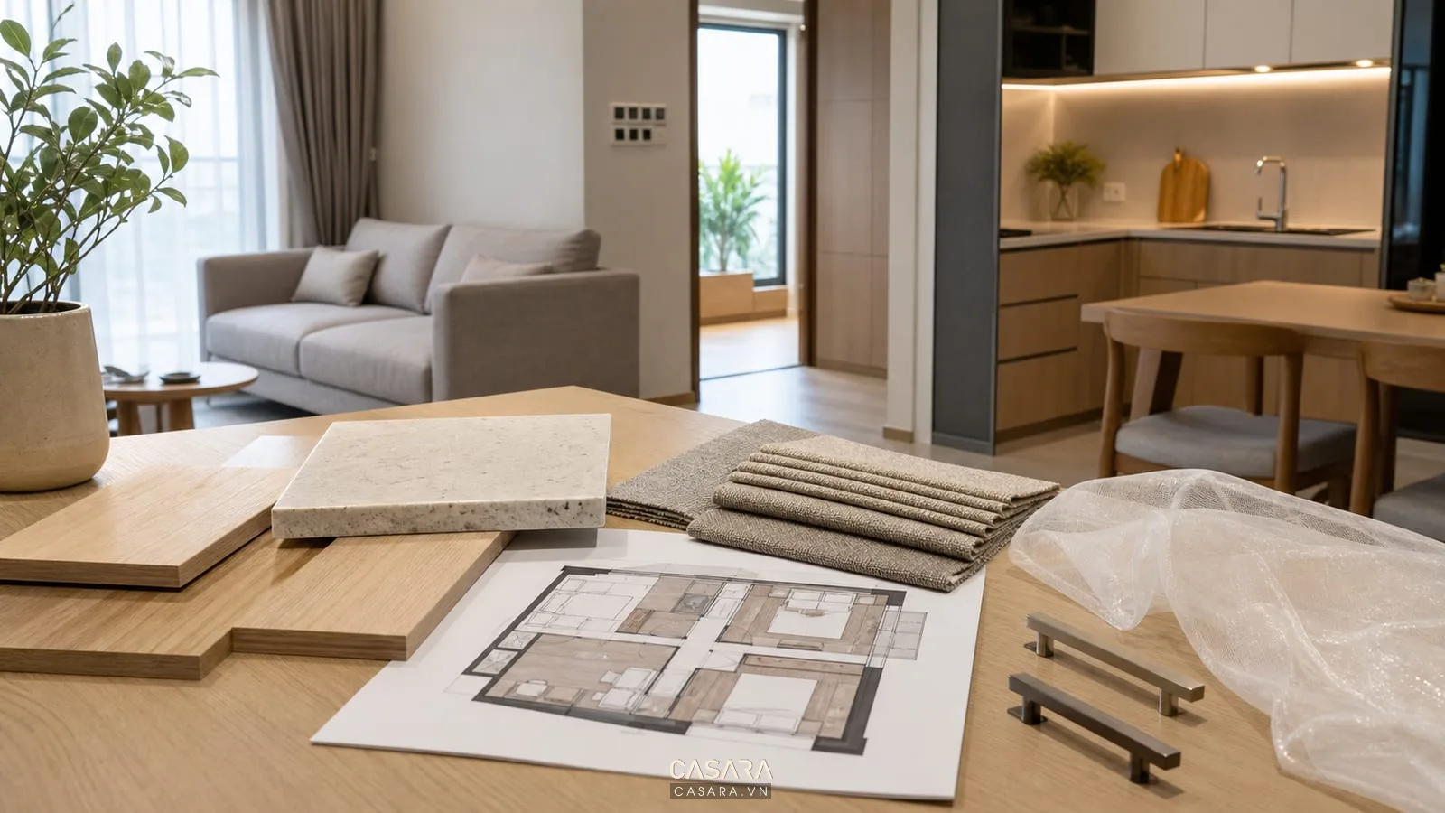 mẫu vật liệu trong thiết kế chung cư cho thuê gồm gỗ sáng đá bếp vải sofa và rèm
