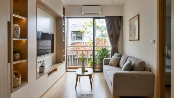 Phòng khách chung cư nhỏ sáng thoáng với sofa, tủ TV âm tường và ban công nhiều cây xanh