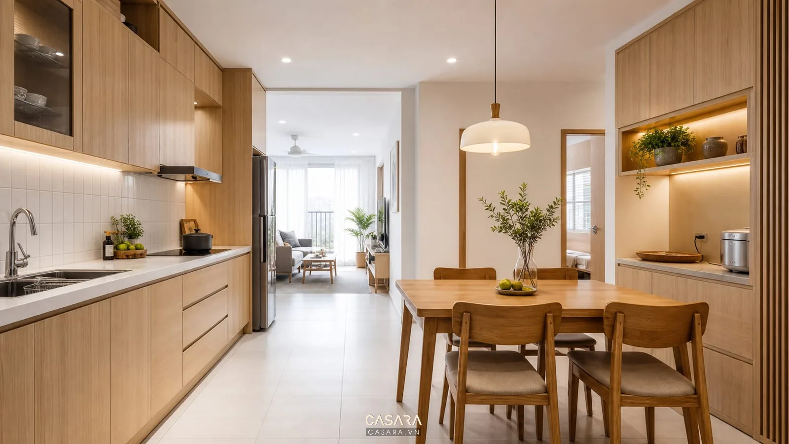 Bếp và bàn ăn trong thiết kế chung cư cũ gọn sáng