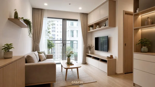 Phòng khách căn hộ có sofa nhỏ, kệ tivi gỗ sáng màu và cửa kính ban công