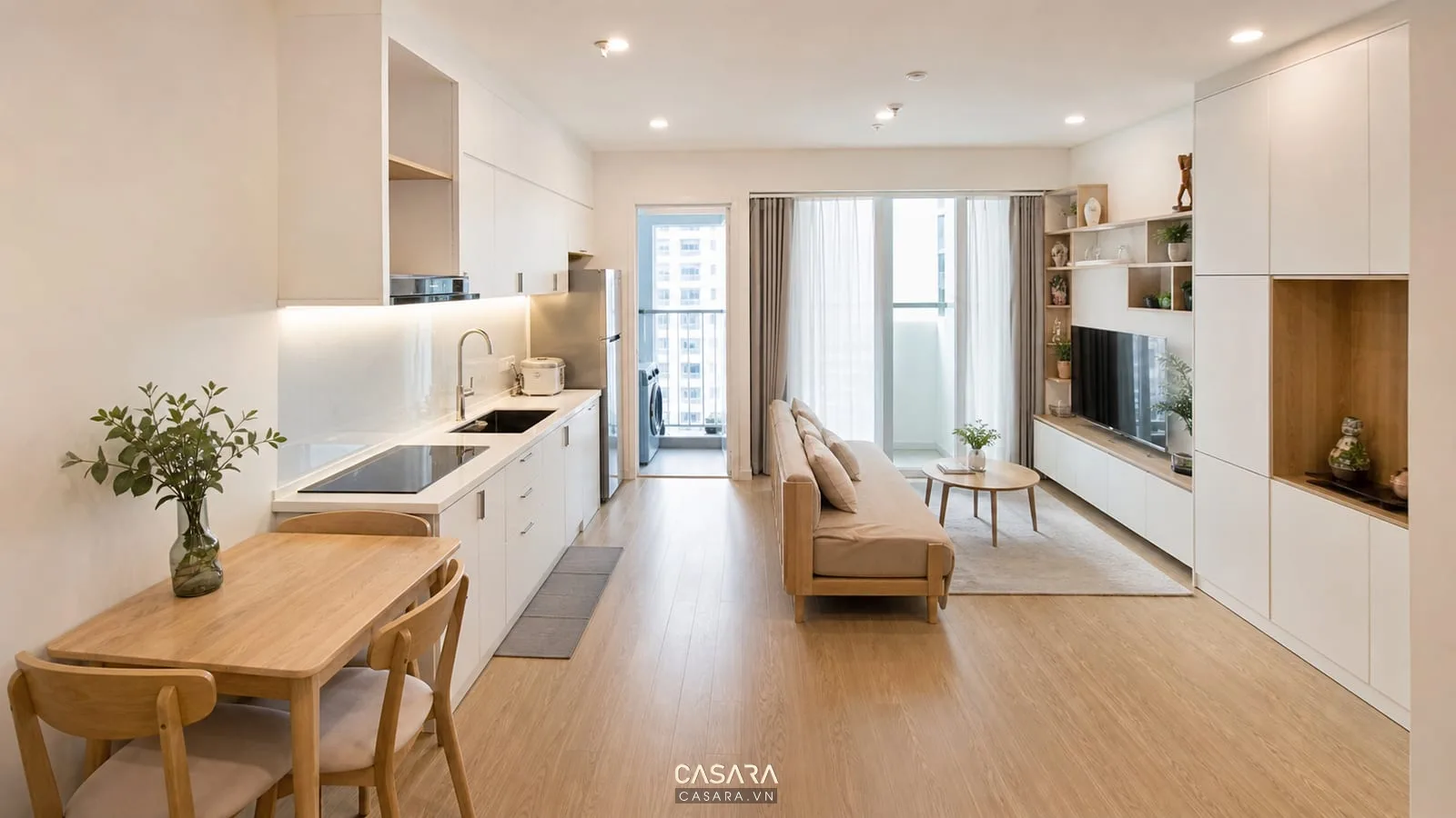 thiết kế chung cư 42m2 có bếp gọn và phòng khách sáng