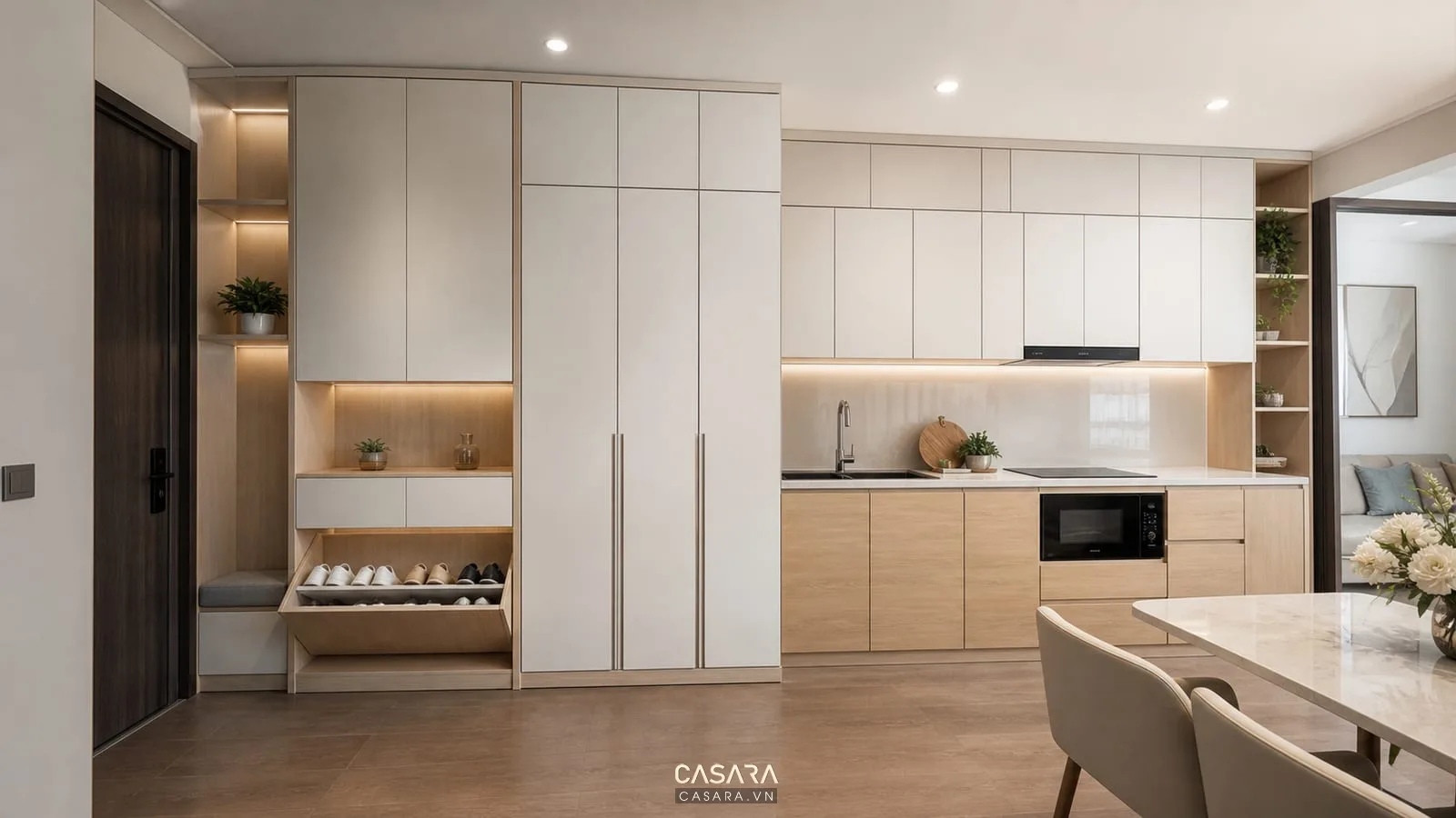 hệ tủ lưu trữ căn hộ chung cư màu gỗ sáng và trắng ấm