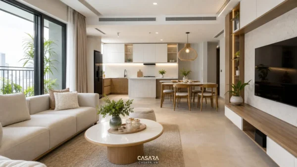 Thiết kế chung cư đẹp với phòng khách bếp mở và ánh sáng tự nhiên