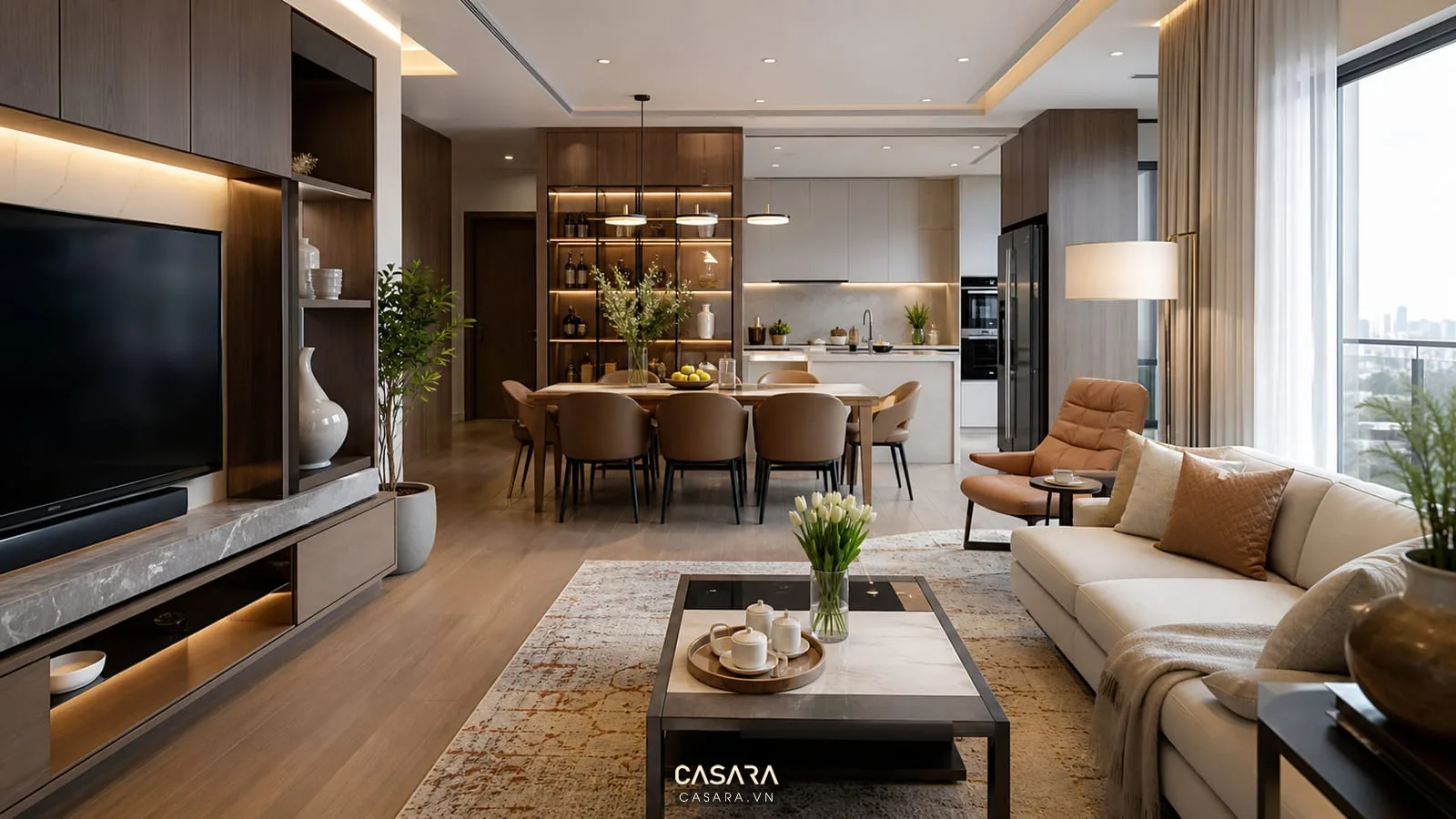 Thiết kế chung cư 72m2 với phòng khách rộng bàn ăn sáu ghế và bếp hiện đại