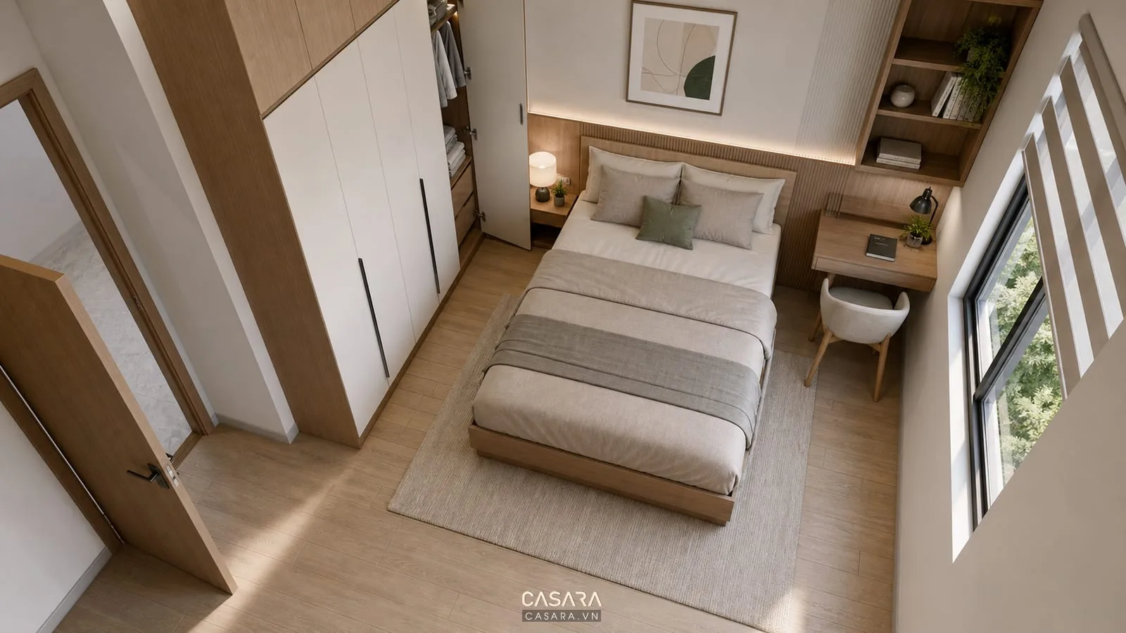 mặt bằng phòng ngủ chung cư nhỏ với lối đi quanh giường
