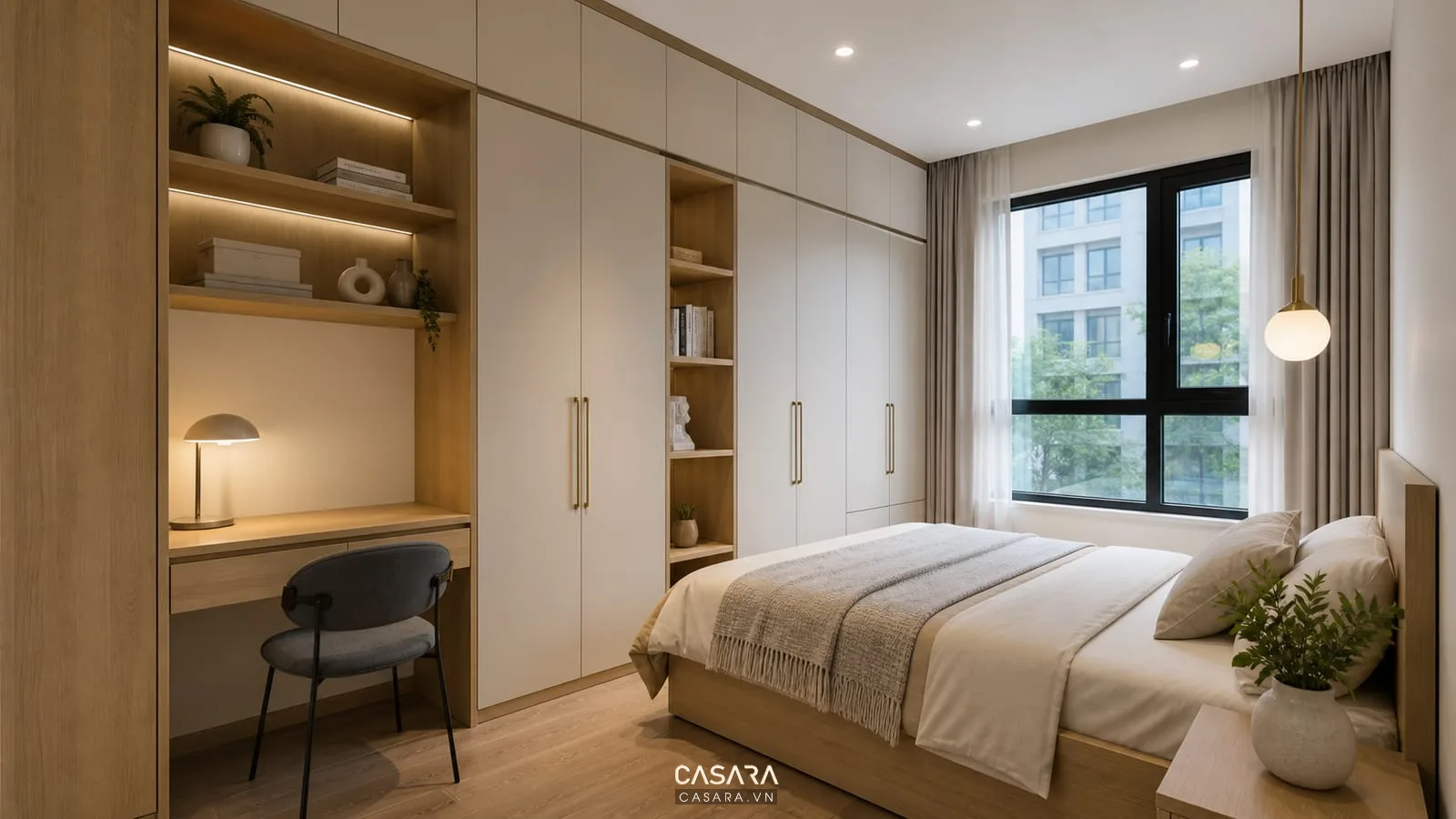 tủ quần áo kết hợp bàn trong phòng ngủ chung cư nhỏ
