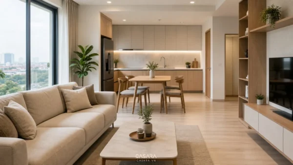 Phòng khách bếp mở với sofa be, bàn ăn gỗ và hệ tủ tivi trong căn hộ hiện đại