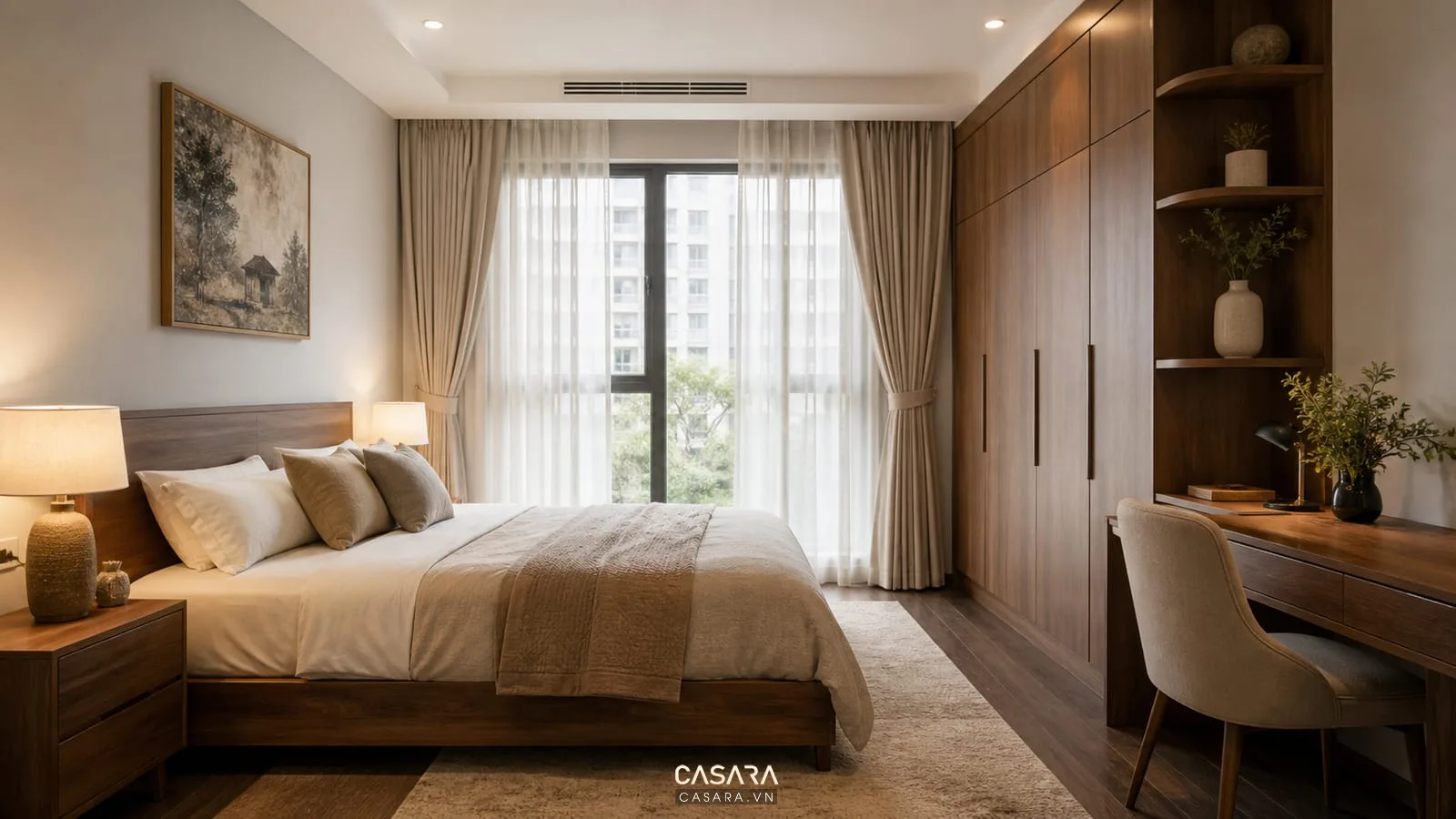 thiết kế chung cư 3 ngủ đơn giản với phòng ngủ master gọn gàng