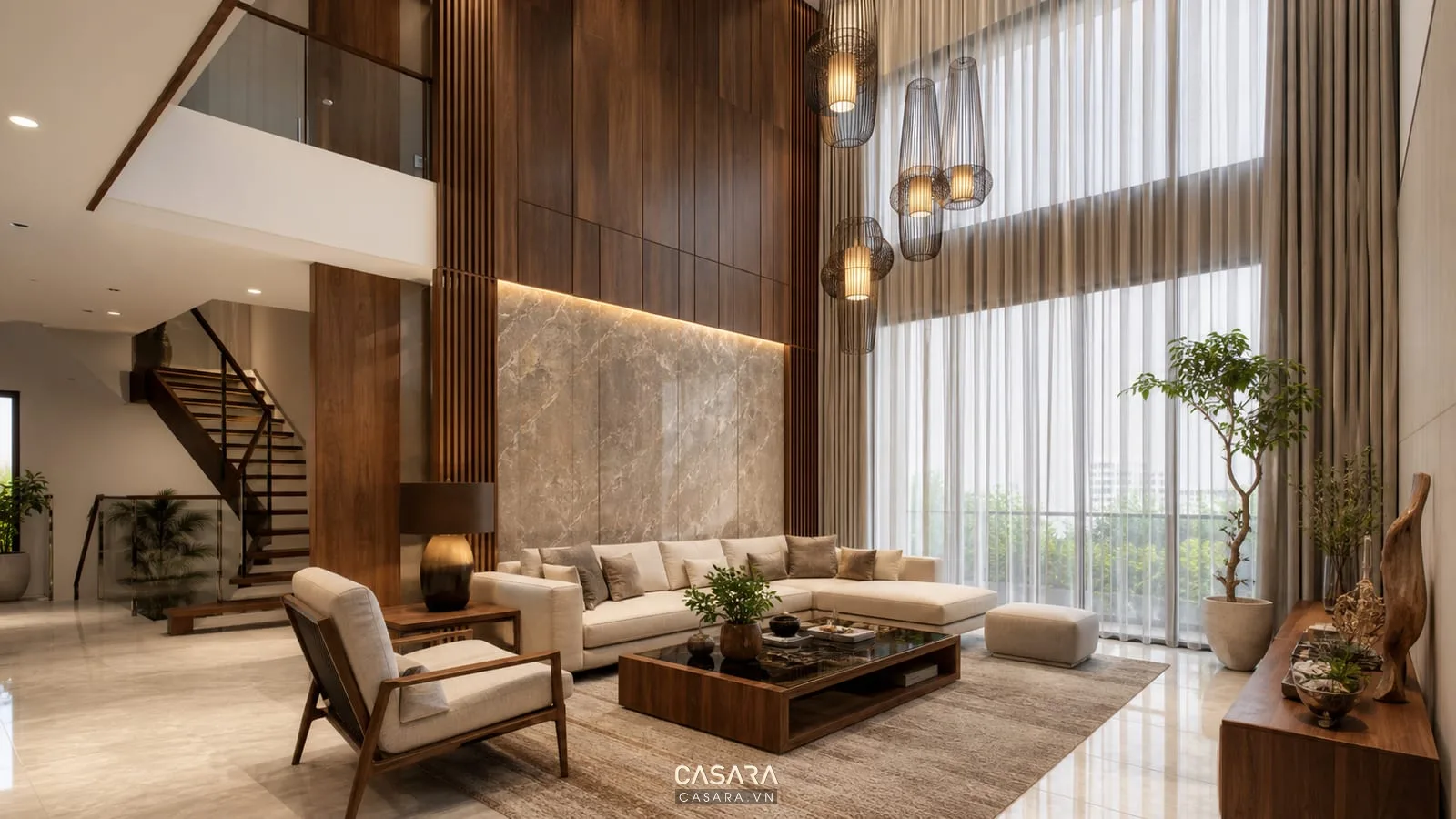 Phòng khách chung cư duplex trần cao với rèm và đèn thả sang trọng