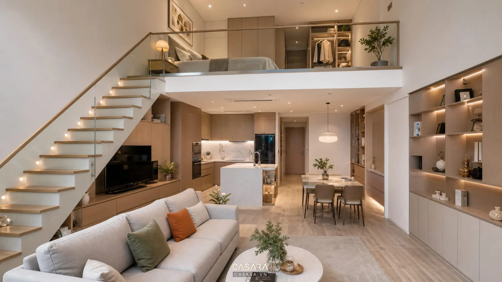 Bố trí nội thất chung cư duplex diện tích vừa với phòng khách bếp và tầng ngủ