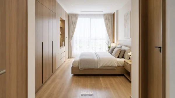 Phòng ngủ căn hộ có giường đôi, tủ áo kịch trần và cửa sổ lớn