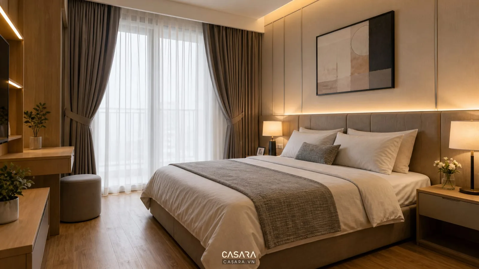 Phòng ngủ thiết kế chung cư Eco Dream có ánh sáng ấm rèm hai lớp sàn gỗ và tường trung tính