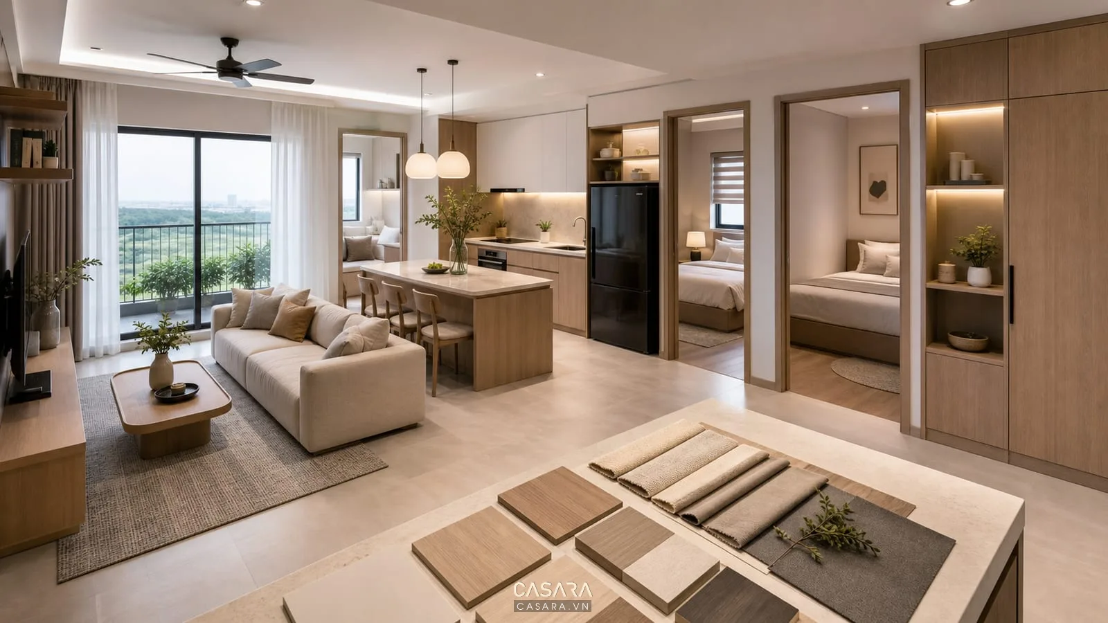 Mặt bằng thiết kế chung cư Eco Dream với phòng khách bếp hai phòng ngủ hệ tủ và bảng vật liệu trung tính