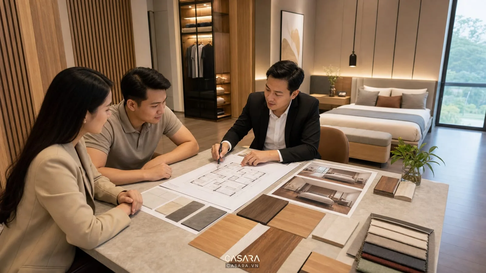 tư vấn thiết kế chung cư Eco Lake View với bản vẽ phòng ngủ và mẫu vật liệu