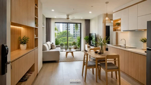 Phòng khách bếp liên thông với tủ gỗ, bàn ăn nhỏ và ban công nhiều cây xanh