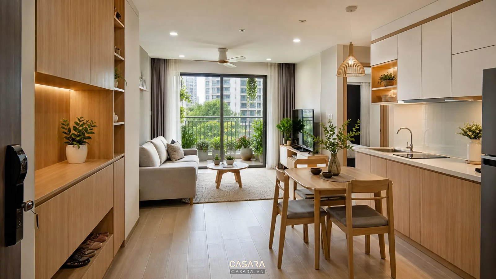 thiết kế chung cư 54m2 với phòng khách bếp liên thông tủ giày cao và bàn ăn nhỏ