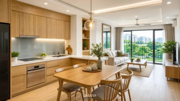 Bếp gỗ sáng liên thông phòng khách với bàn ăn nhỏ và cửa kính lớn
