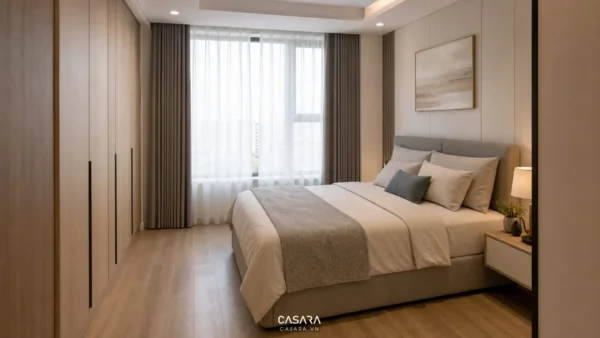Phòng ngủ chung cư Five Star Kim Giang có giường tủ áo và lối đi quanh giường