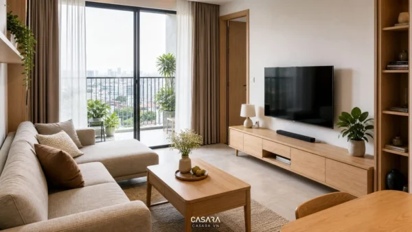 phòng khách trong thiết kế chung cư Hà Nội hiện đại với sofa kệ tivi và logia