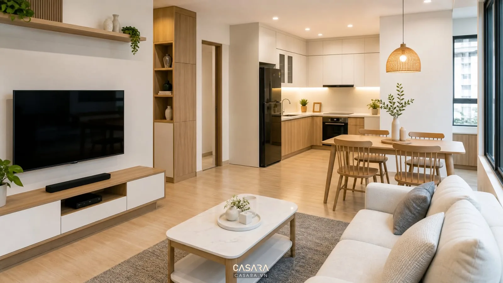 mẫu thiết kế chung cư hiện đại với phòng khách bếp trong căn hộ HH Linh Đàm