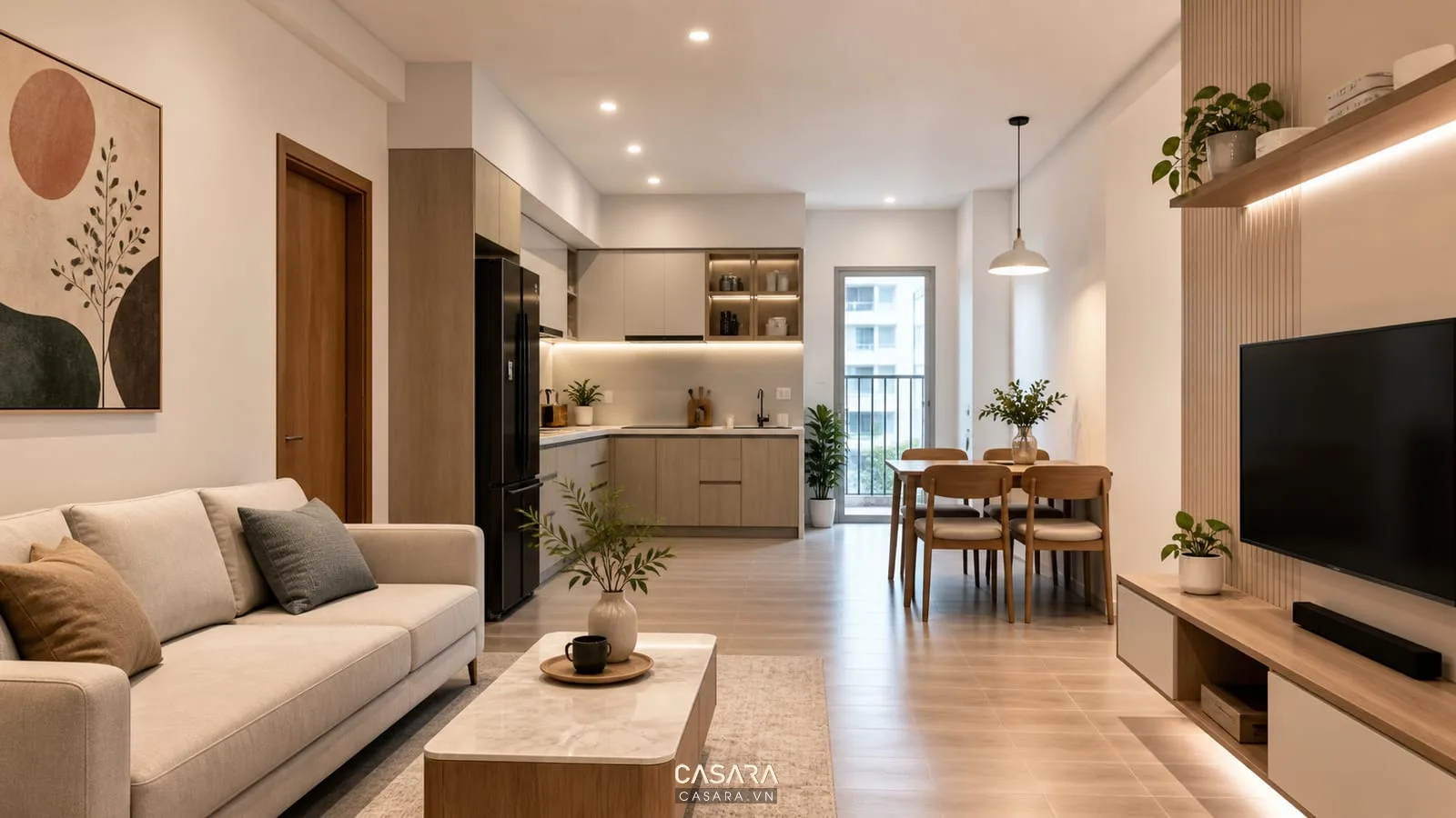 thiết kế chung cư HH Linh Đàm với phòng khách bếp mở và lối đi thoáng