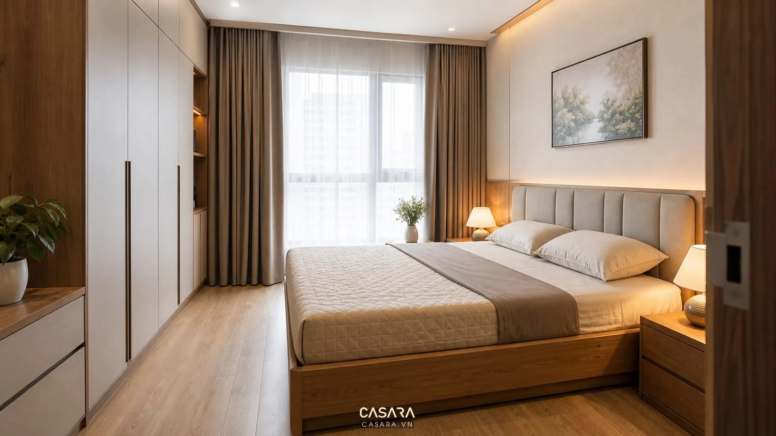 phòng ngủ thiết kế chung cư HH Linh Đàm với giường gỗ và tủ áo kịch trần