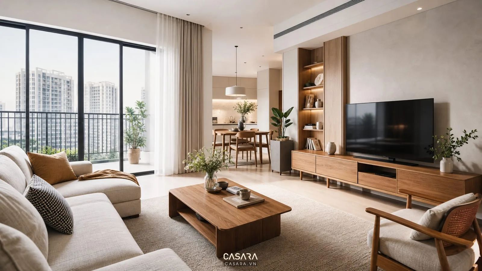 phòng khách trong thiết kế chung cư hiện đại với sofa và kệ tivi gỗ
