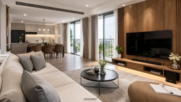 Phòng khách căn hộ hiện đại với sofa sáng màu, kệ tivi gỗ và cửa kính lớn
