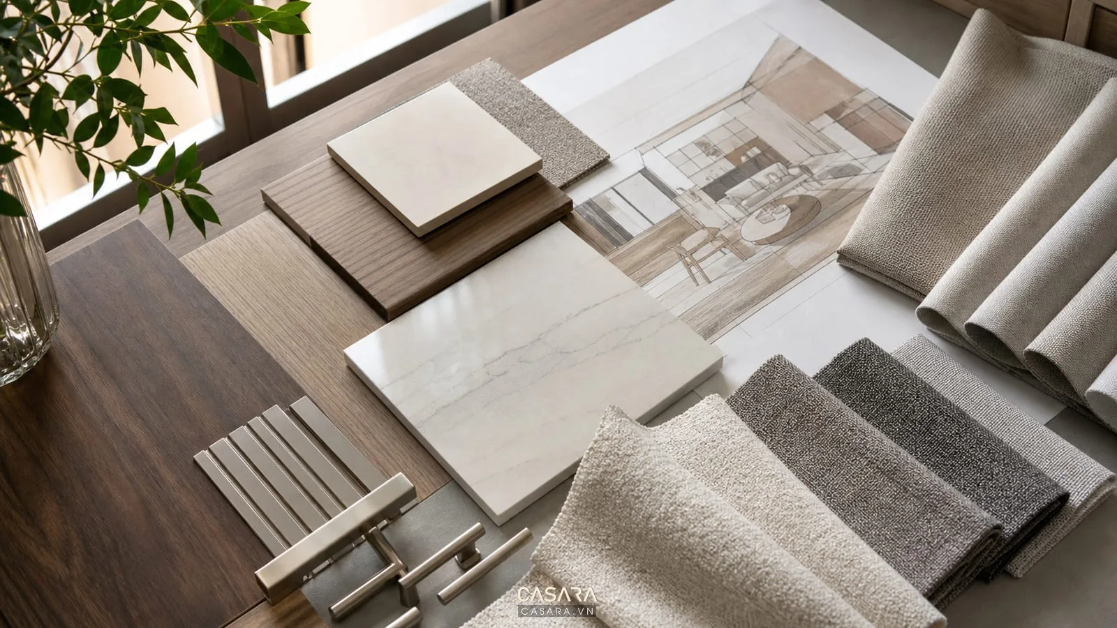 Bảng vật liệu cho thiết kế chung cư Hoàng Huy Lạch Tray gồm gỗ đá vải rèm và kim loại