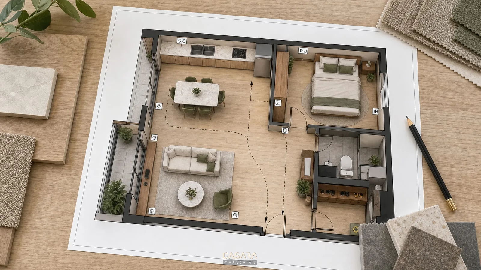 Bản vẽ mặt bằng thiết kế chung cư Home City có lối đi và vị trí ổ cắm