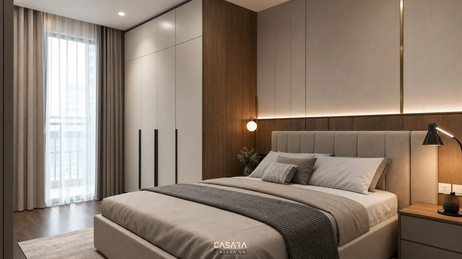 Phòng ngủ thiết kế chung cư Home City có giường, tủ áo, đèn đọc sách và ổ cắm cạnh giường