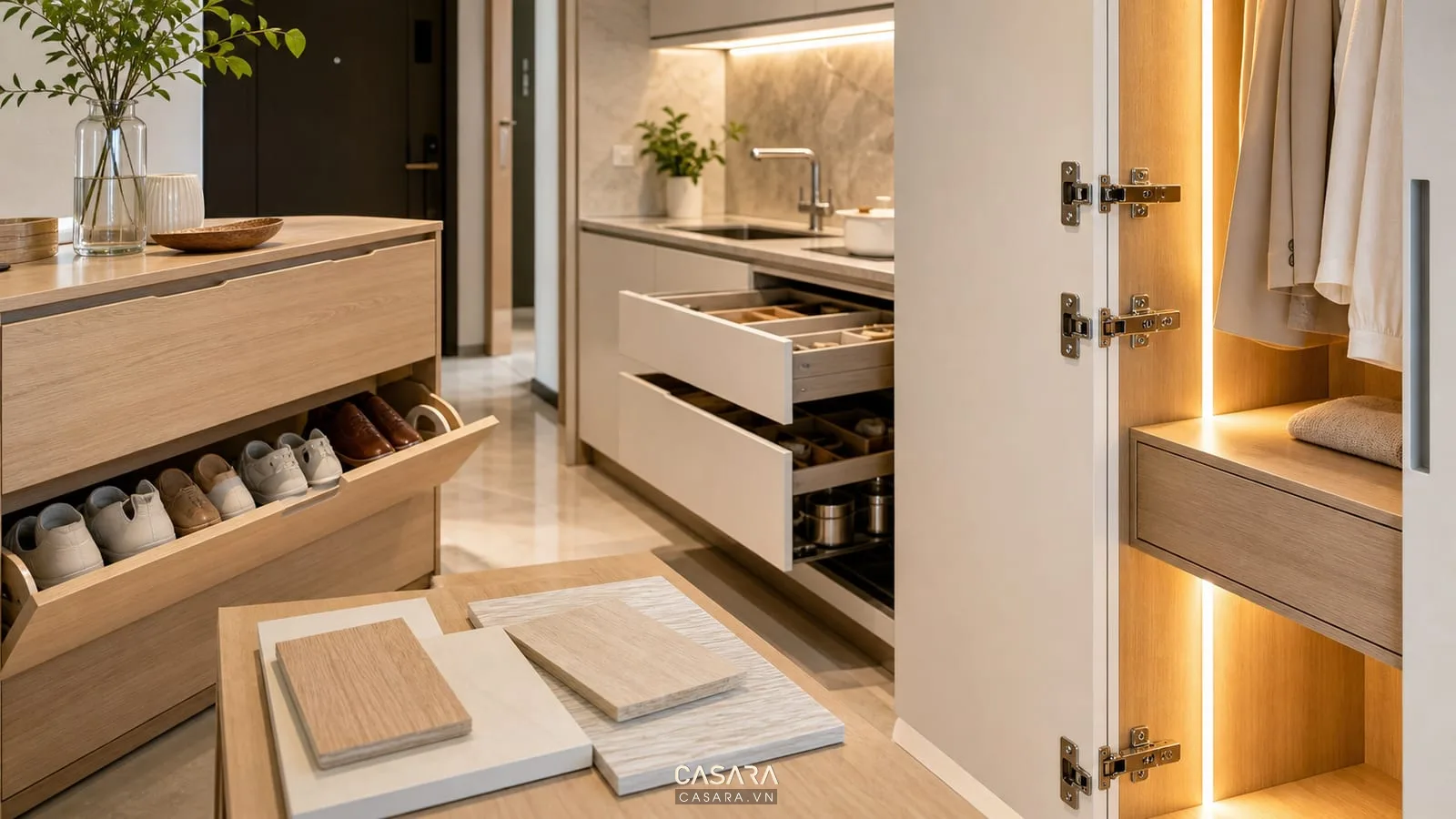 Chi tiết nội thất thiết kế chung cư Home City có ngăn kéo, tay nắm âm, đèn led và mẫu vật liệu