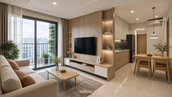 Phòng khách căn hộ với sofa, kệ tivi gỗ, bếp ăn và ban công lớn