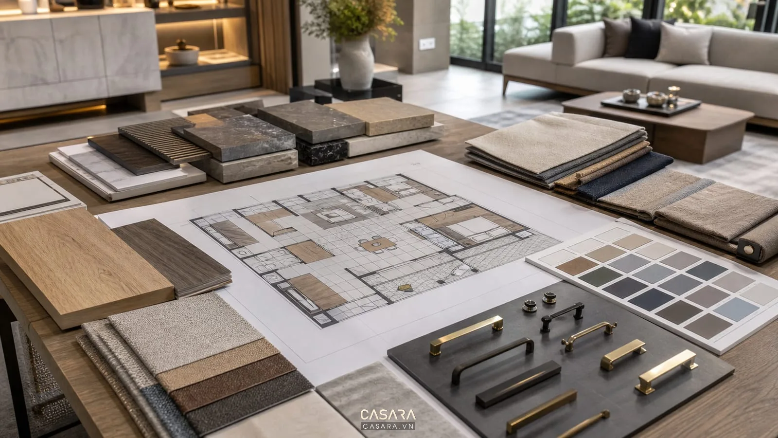 Bản vẽ thiết kế chung cư Hope Residence với mẫu vật liệu gỗ đá vải và phụ kiện tủ