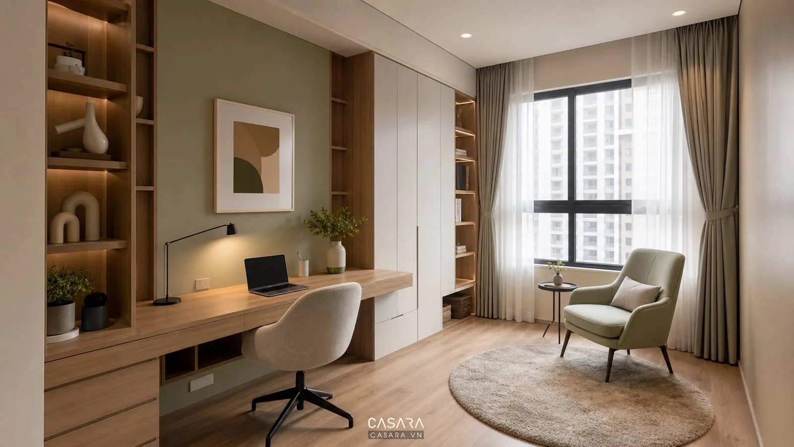 Phòng đa năng trong thiết kế chung cư Hope Residence có bàn làm việc kệ sách và tủ lưu trữ