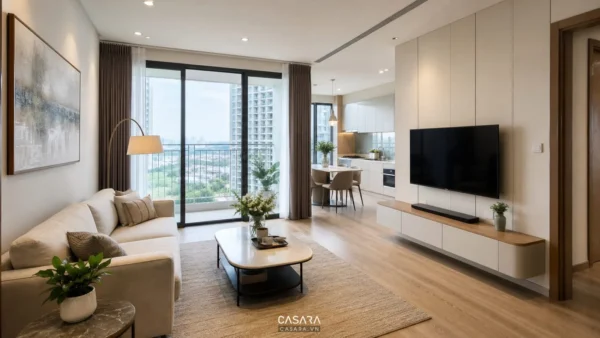 Thiết kế chung cư Imperia Garden với phòng khách hiện đại, sofa sáng màu, kệ tivi và ban công kính lớn