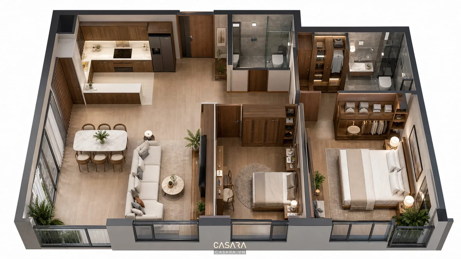 Mặt bằng thiết kế chung cư Imperia Garden có phòng khách liền bếp, bàn ăn, phòng ngủ và tủ lưu trữ