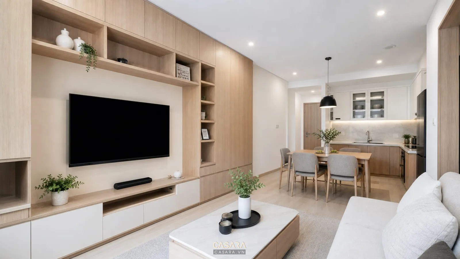 Thiết kế chung cư mini 70m2 với hệ tủ âm tường, bếp chữ L, bàn ăn nhỏ và vật liệu gỗ sáng