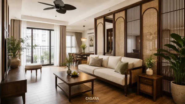 thiết kế chung cư indochina phòng khách với sofa bàn trà gỗ và vách nan mây