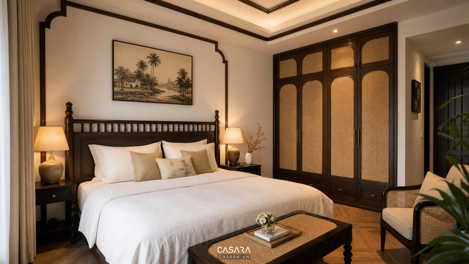 Phòng ngủ chung cư Indochine với đầu giường gỗ và tủ cánh mây