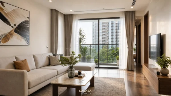 thiết kế chung cư Iris Garden với phòng khách hiện đại và ban công kính