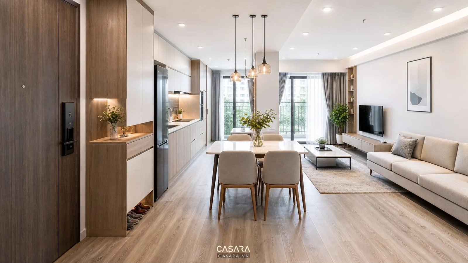 mặt bằng thiết kế chung cư phòng khách liền bếp với sofa bàn ăn và tủ giày