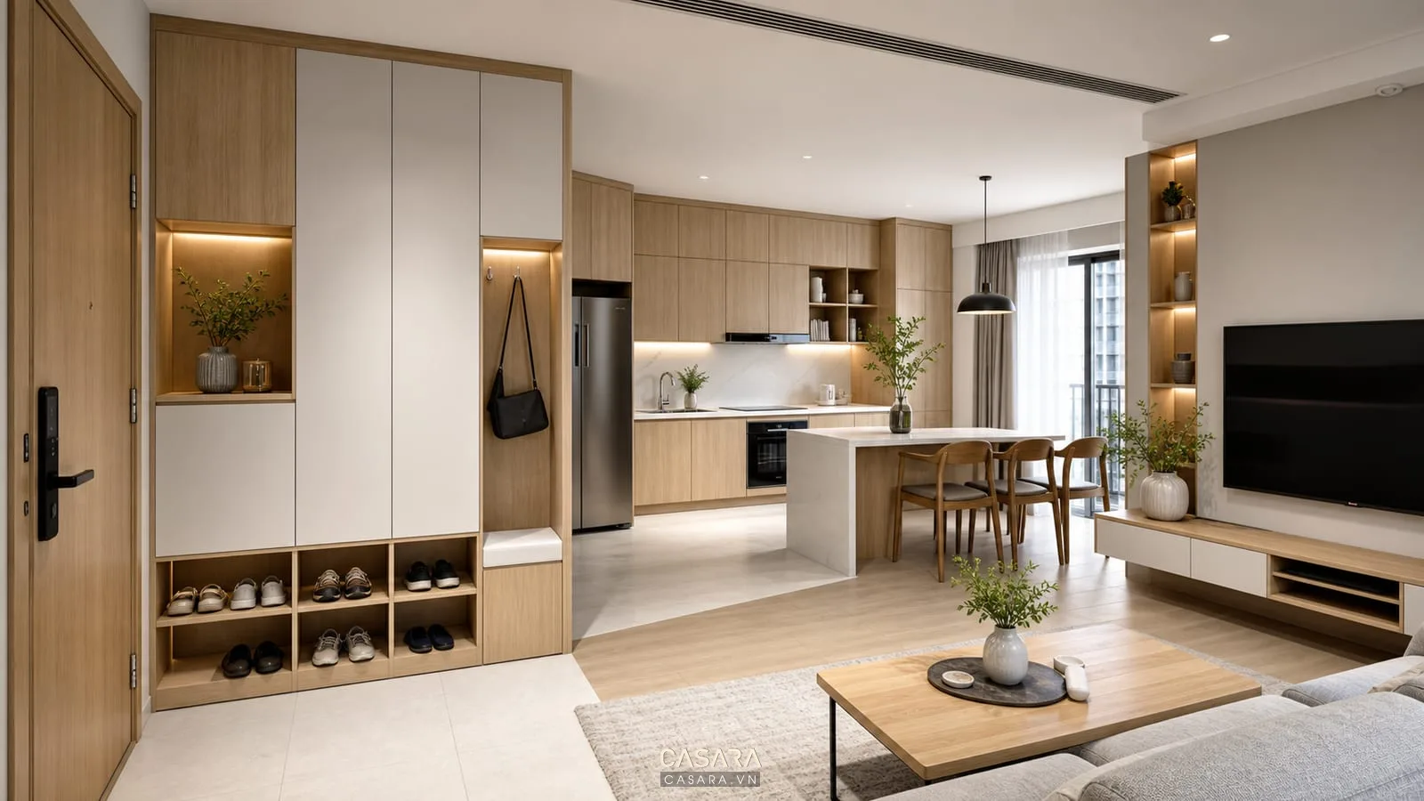 thiết kế nội thất căn hộ chung cư với tủ giày tủ bếp và kệ tivi ngăn kín