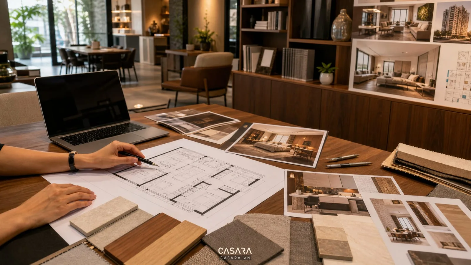 tư vấn thiết kế căn hộ chung cư với bản vẽ mặt bằng và mẫu vật liệu nội thất