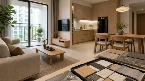 thiết kế chung cư Khai Sơn phòng khách bếp mở hiện đại