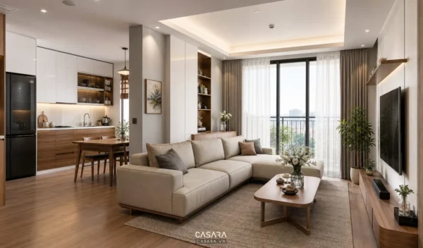 Phòng khách căn hộ liền bếp với sofa sáng màu, bàn ăn gỗ và cửa kính lớn